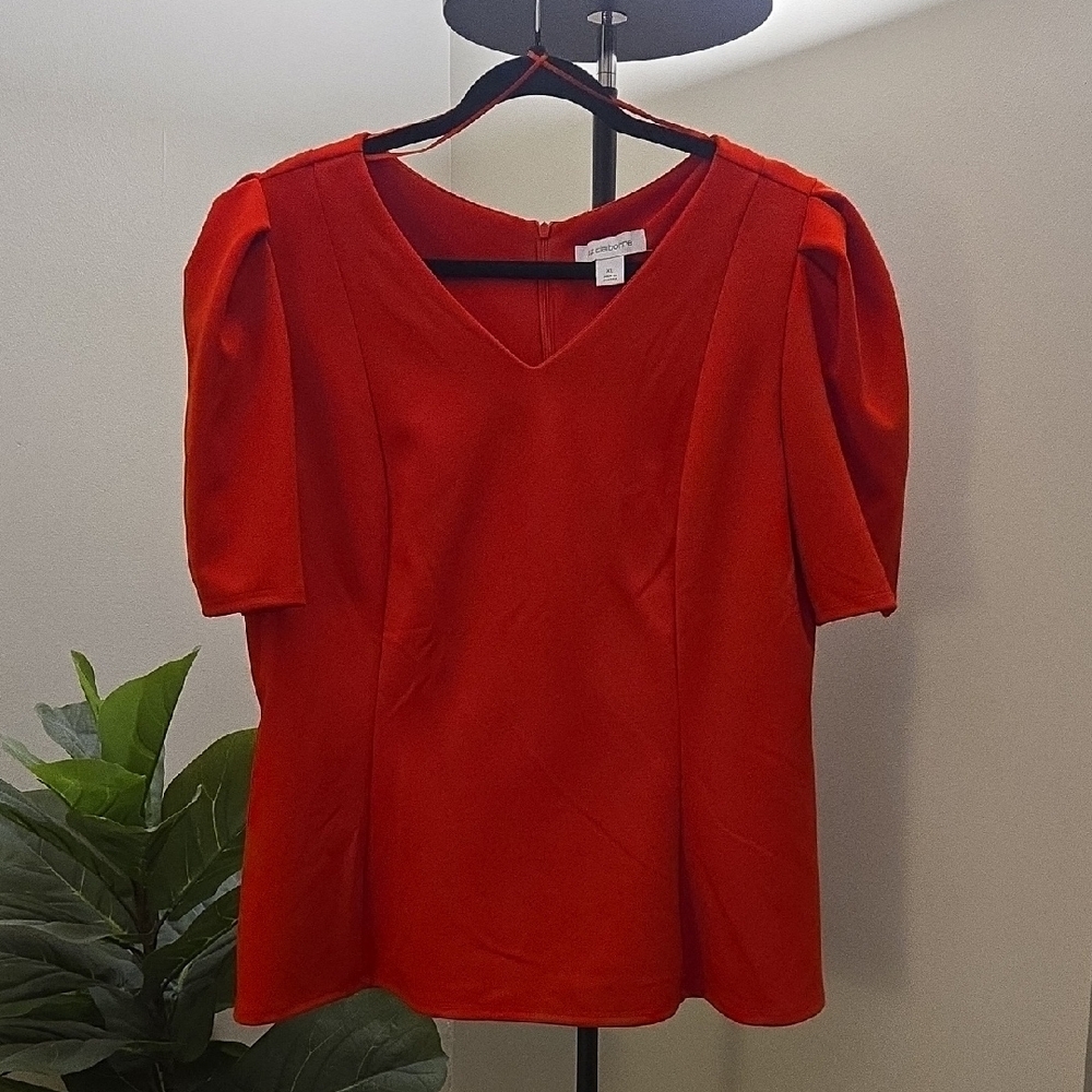 Elegant Red V-Neck Puffed Shoulders Women's Top Blouse Office